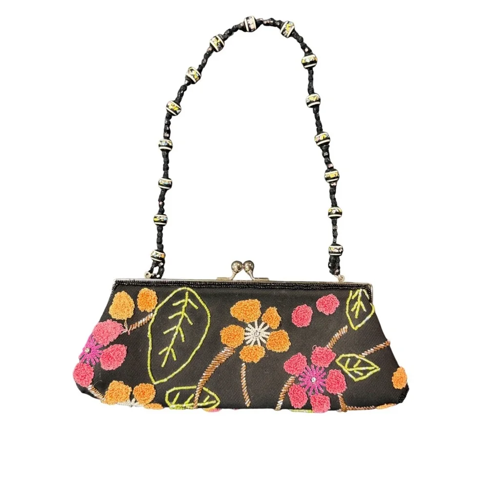 Beaded Handbag Womens OS Black Good Vintage Floral Kiss Lock Clutch